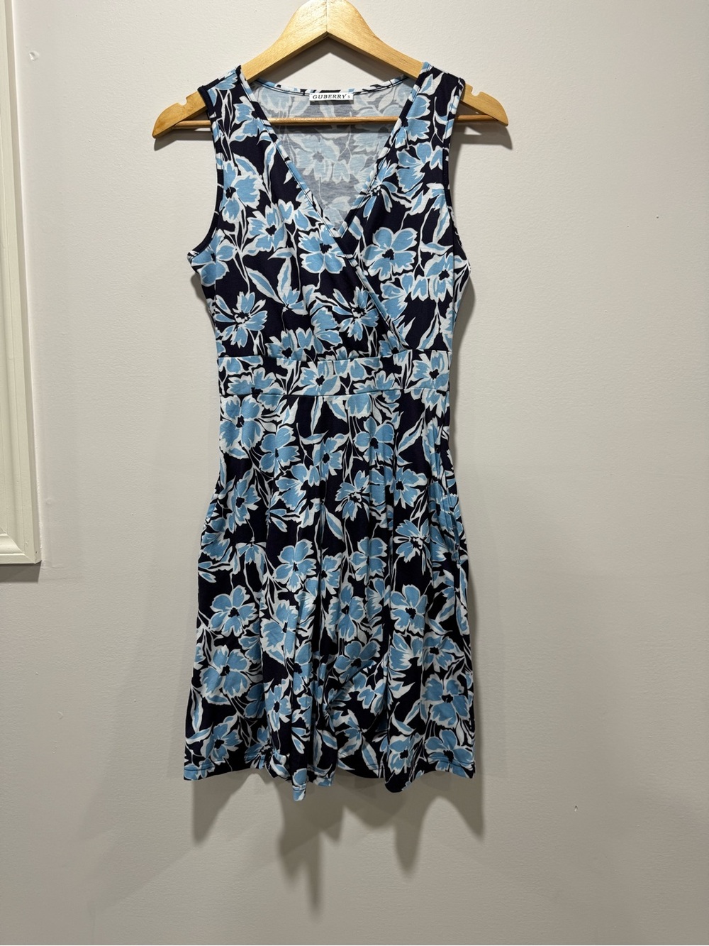 GUBERRY Blue Floral Cross Wrap Sundress  Sleeveless Skater Dress w/ Pockets
